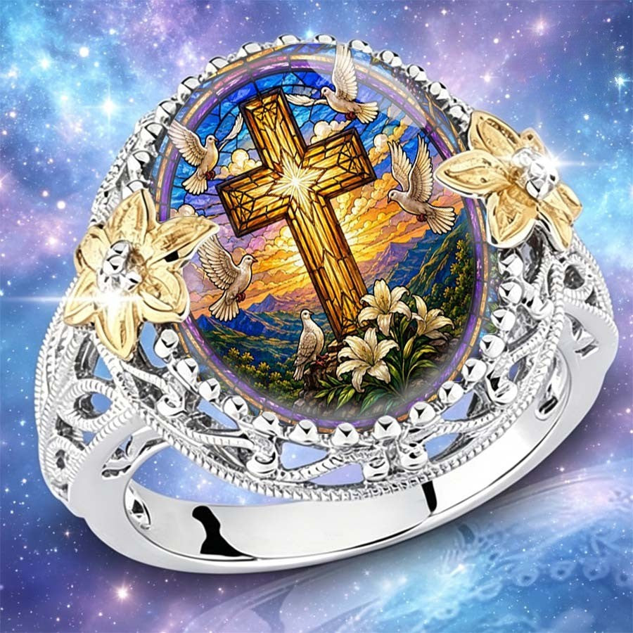 Stained Glass Cross & Dove Ring