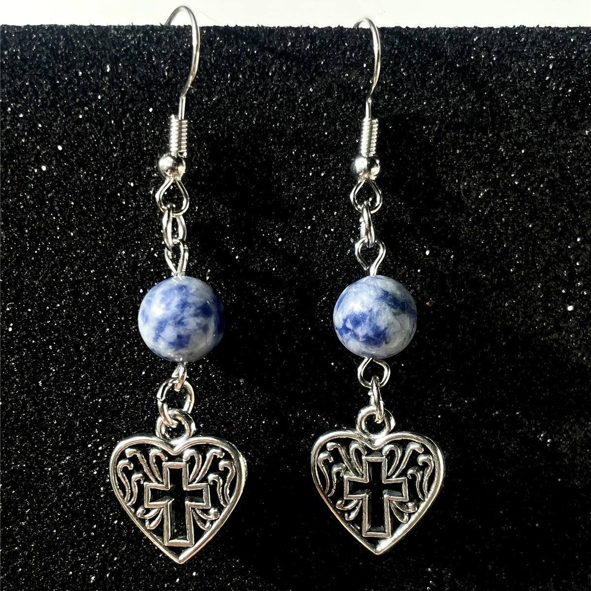 Blue Stone Cross Heart Earrings