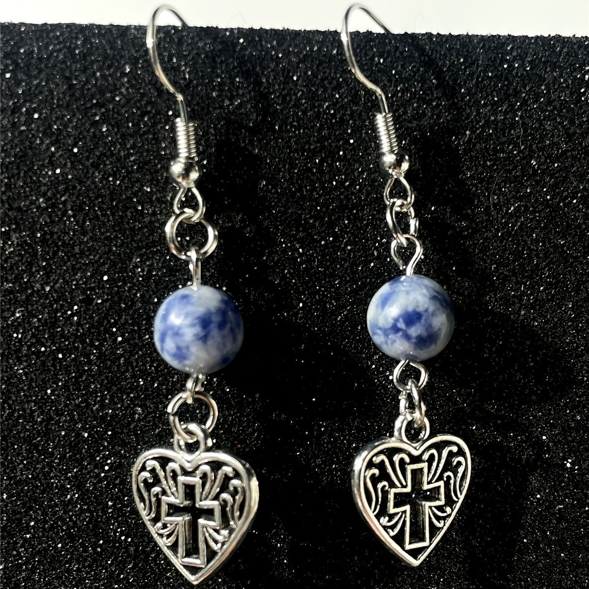 Blue Stone Cross Heart Earrings