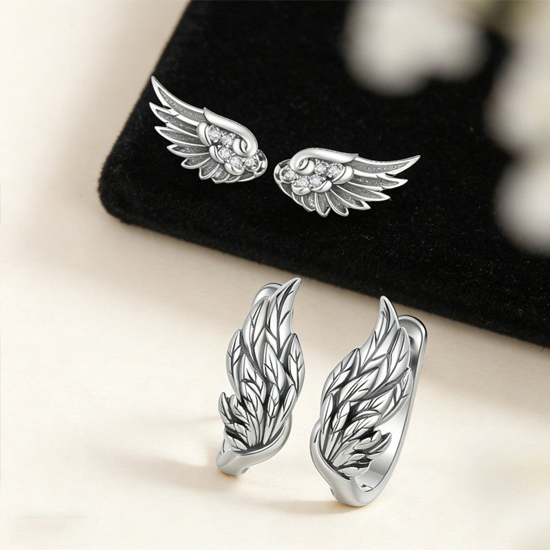 Textured Wing & Crystal Stud Earring Set