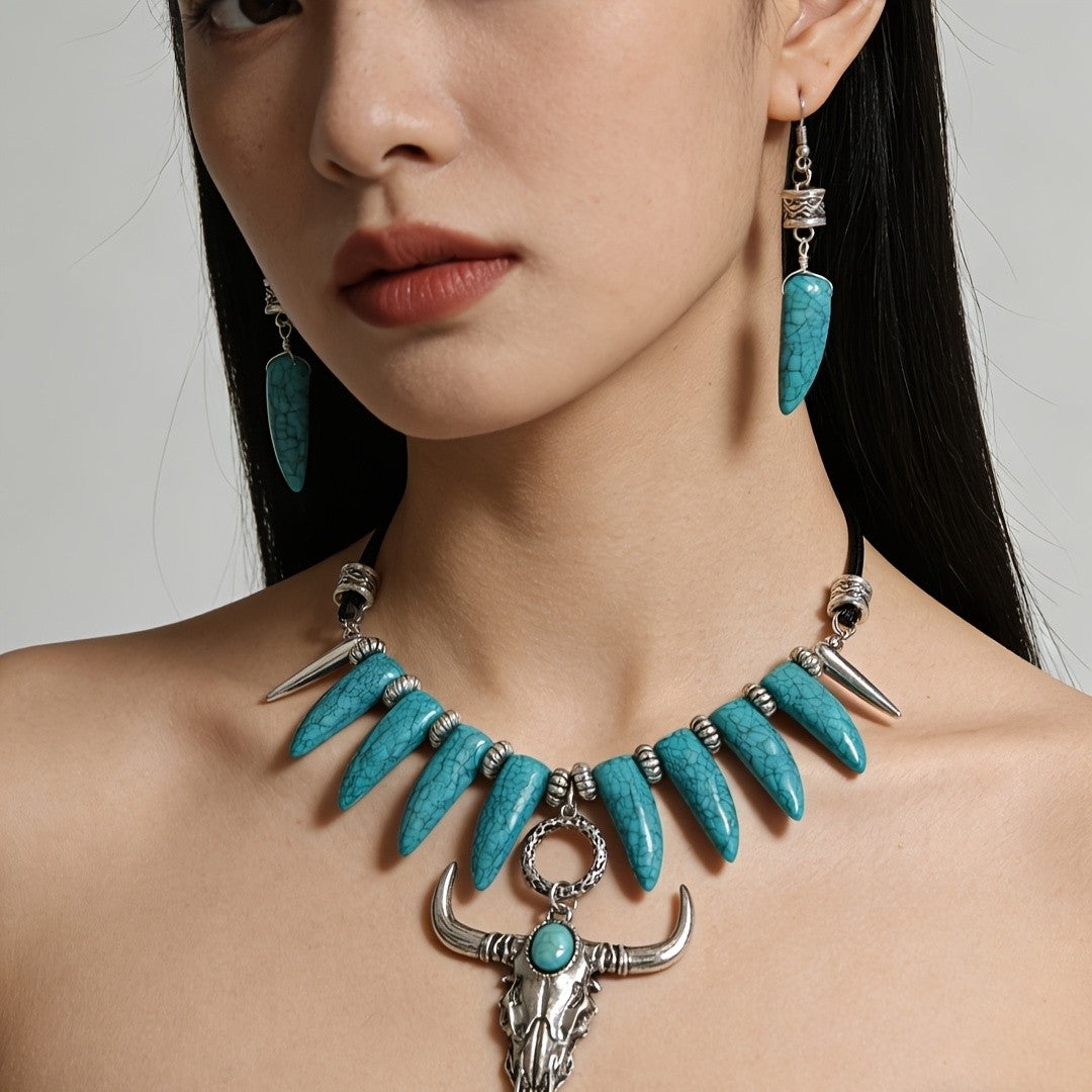 Turquoise Bull Head Necklace & Earring Set