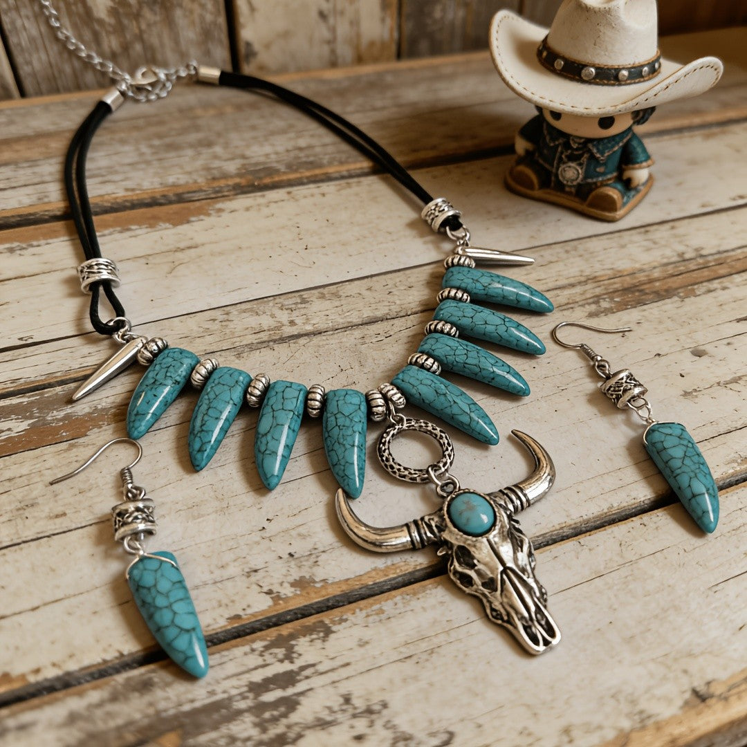 Turquoise Bull Head Necklace & Earring Set