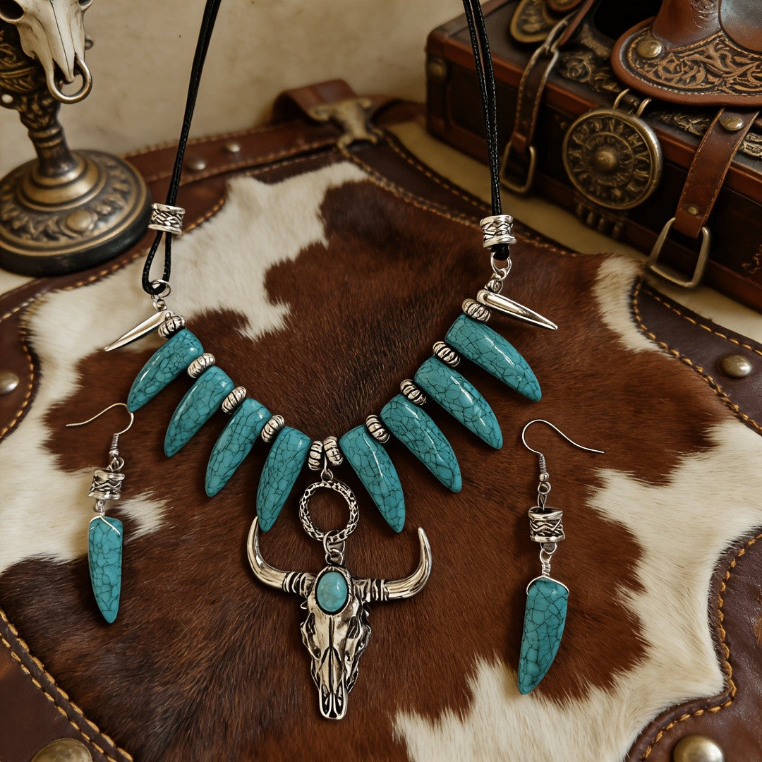 Turquoise Bull Head Necklace & Earring Set