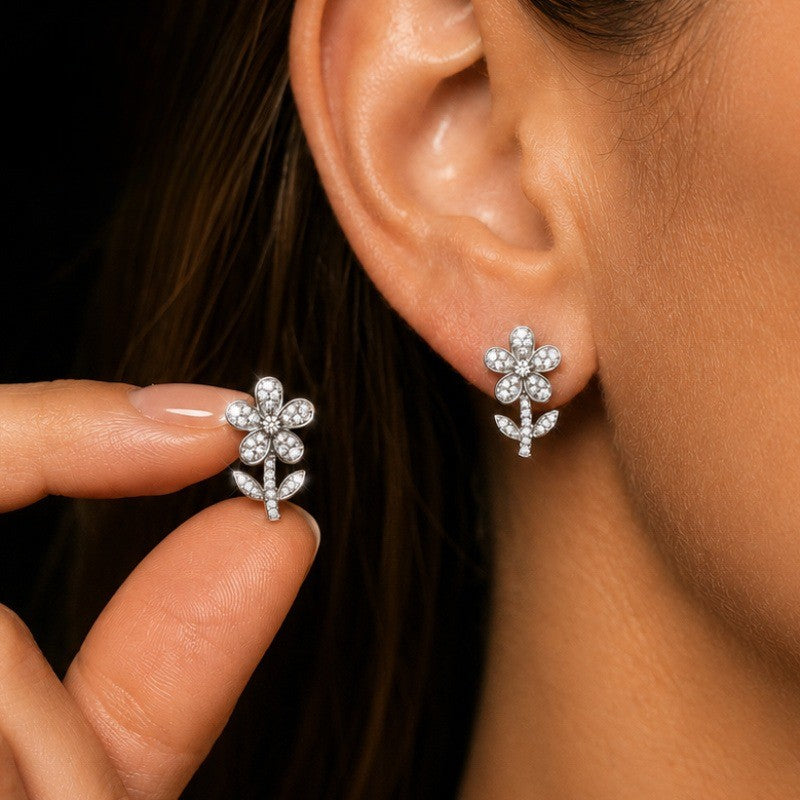 Crystal Flower Stem Stud Earrings