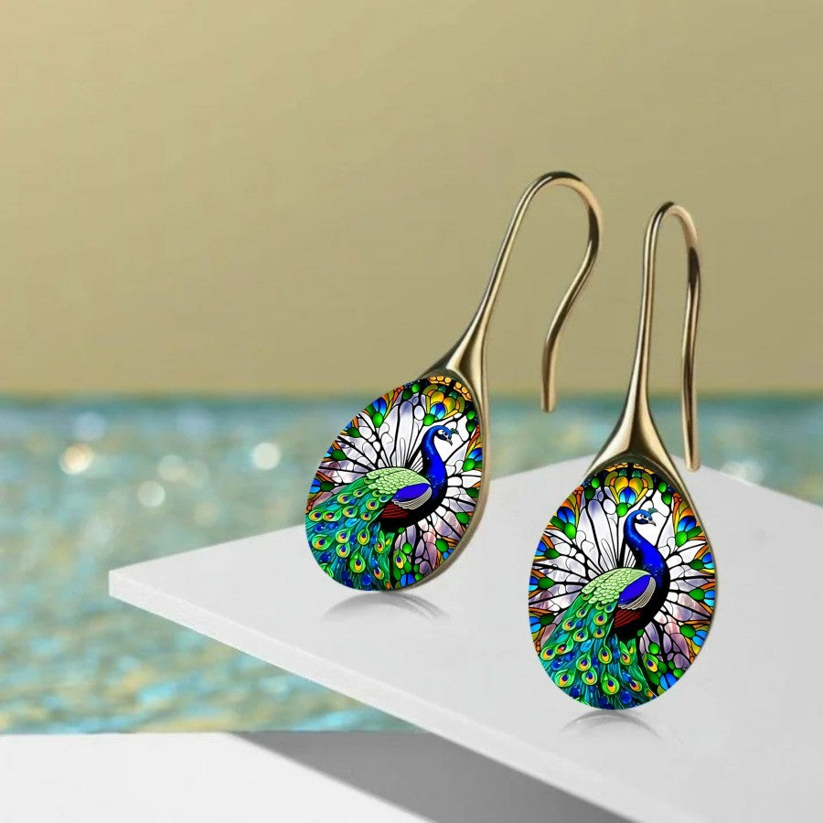 Stained Glass Peacock Drop Earrings