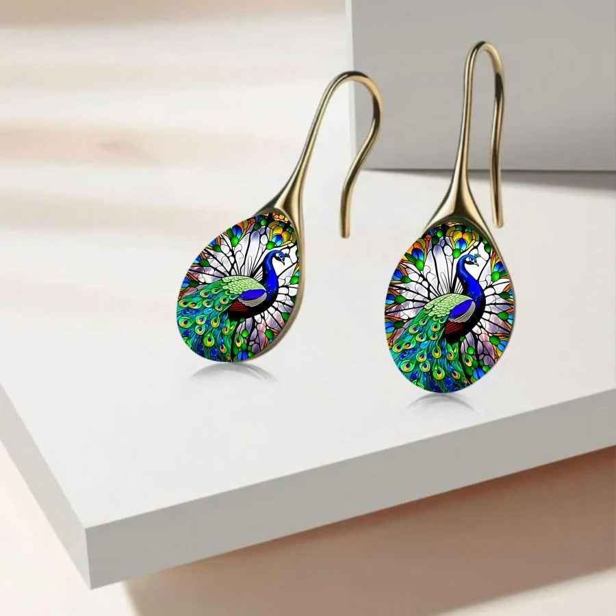 Stained Glass Peacock Drop Earrings