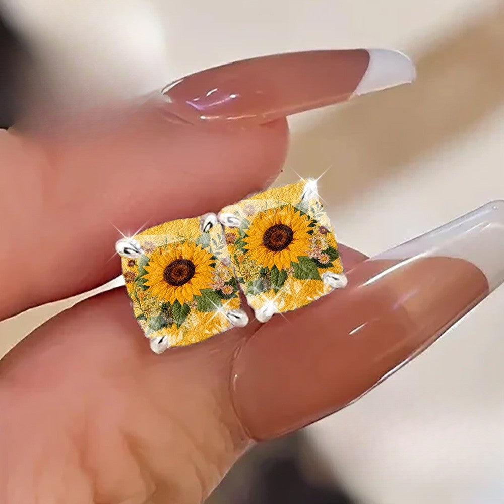 Sunflower Embroidered Square Stud Earrings