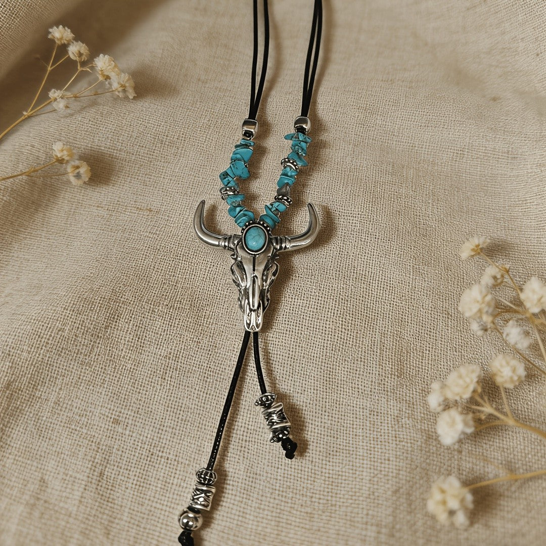 Turquoise Bull Skull Bolo Necklace