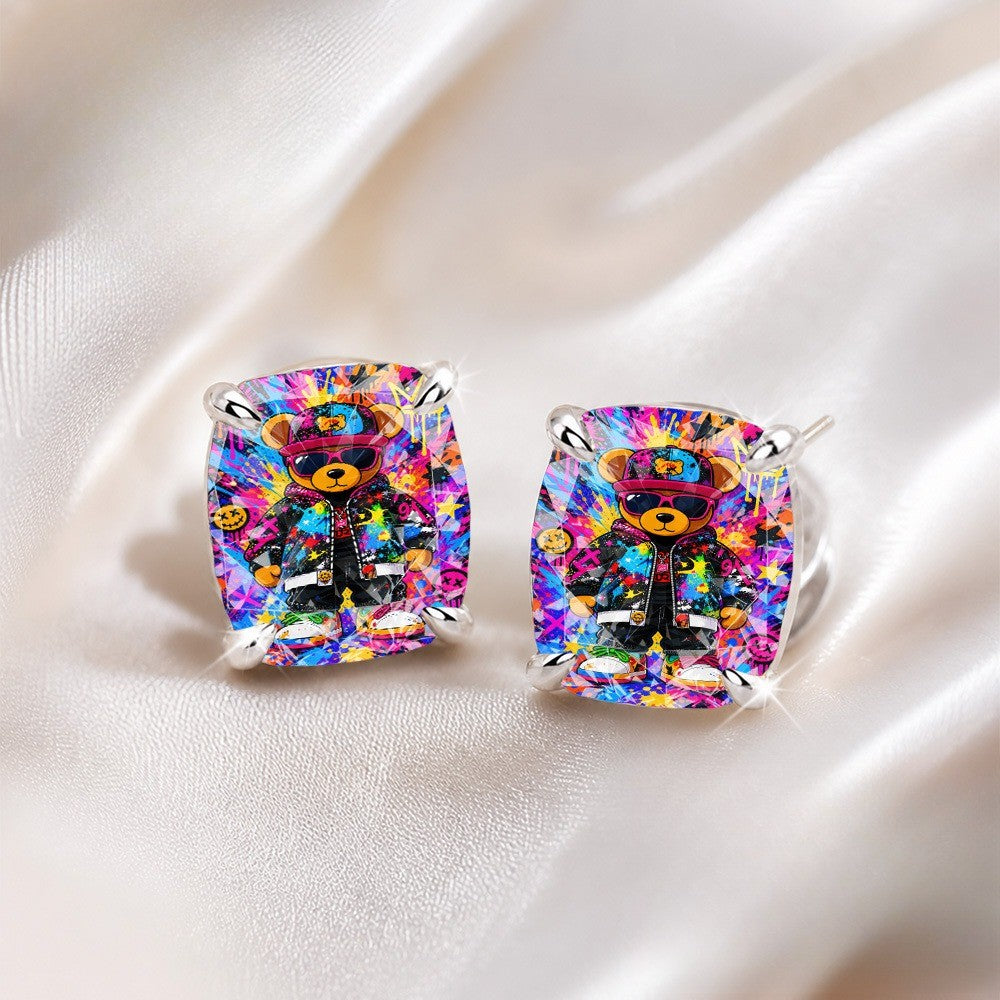 Colorful Graffiti Bear Square Stud Earrings