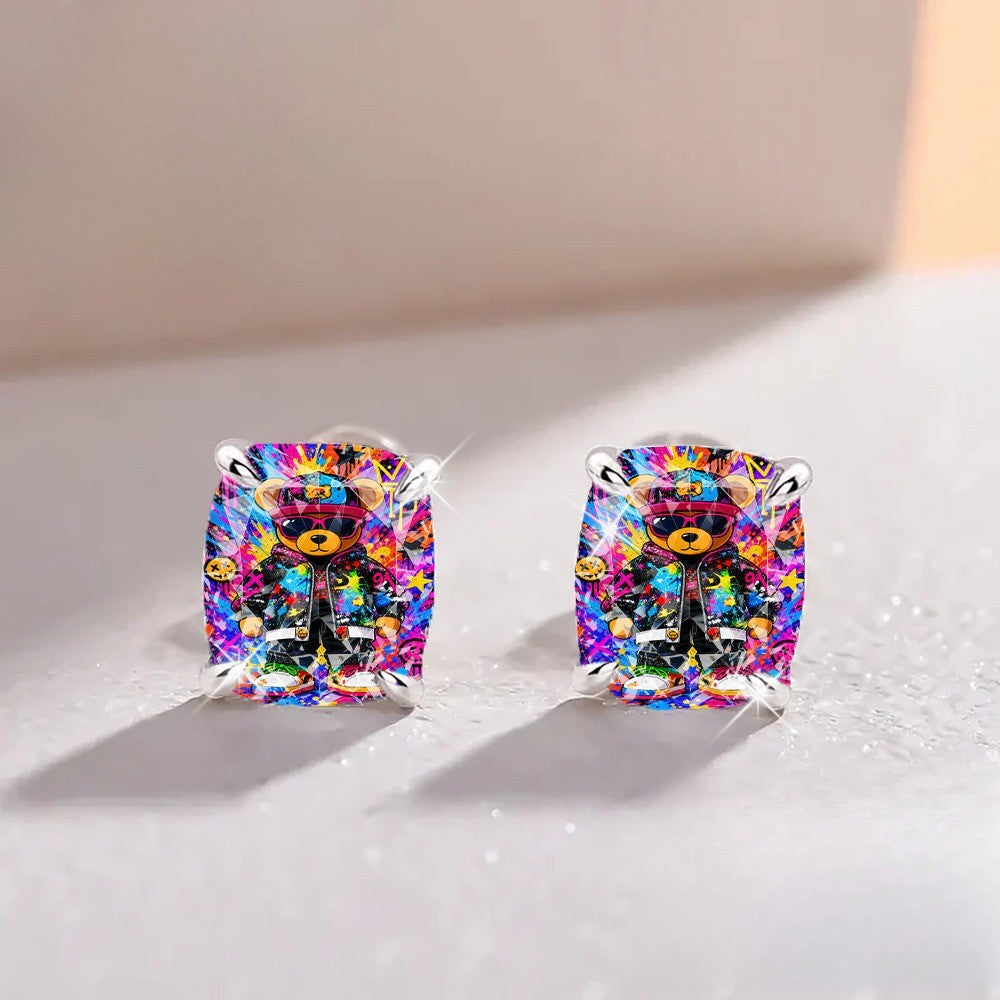 Colorful Graffiti Bear Square Stud Earrings