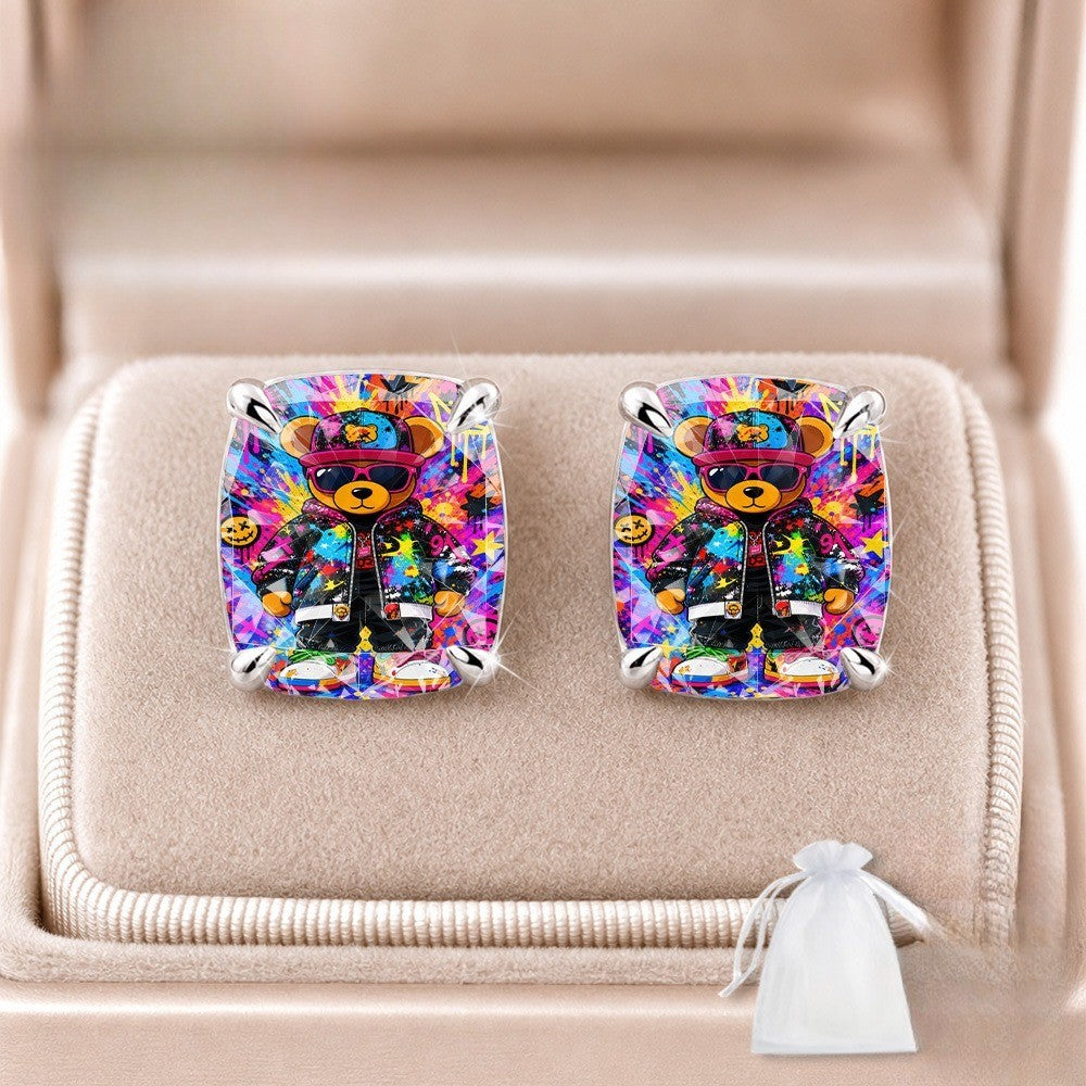 Colorful Graffiti Bear Square Stud Earrings
