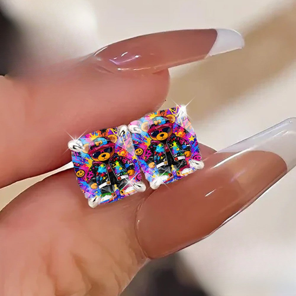 Colorful Graffiti Bear Square Stud Earrings