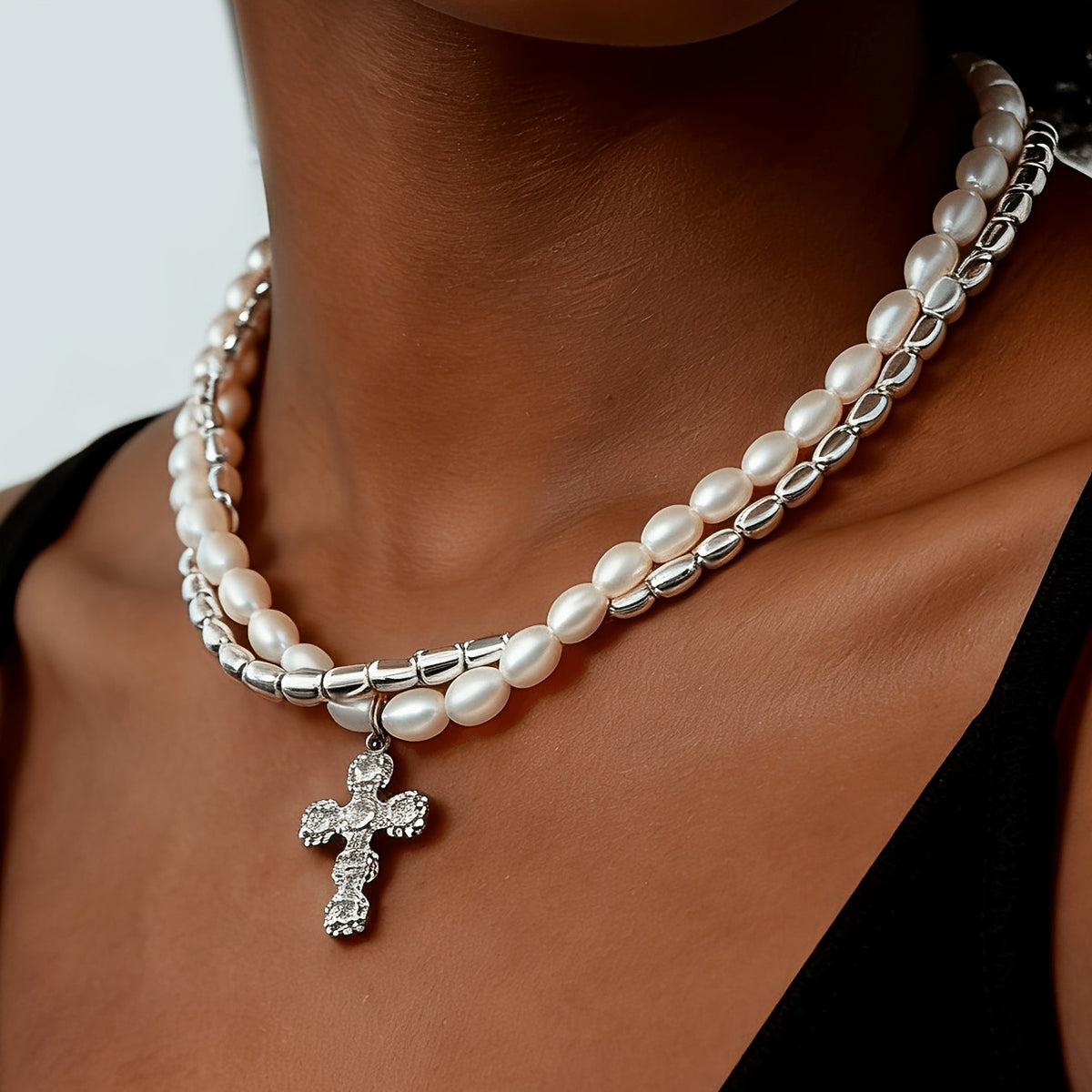 Baroque Pearl & Crystal Cross Necklace