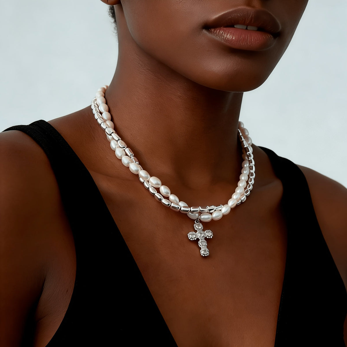 Baroque Pearl & Crystal Cross Necklace