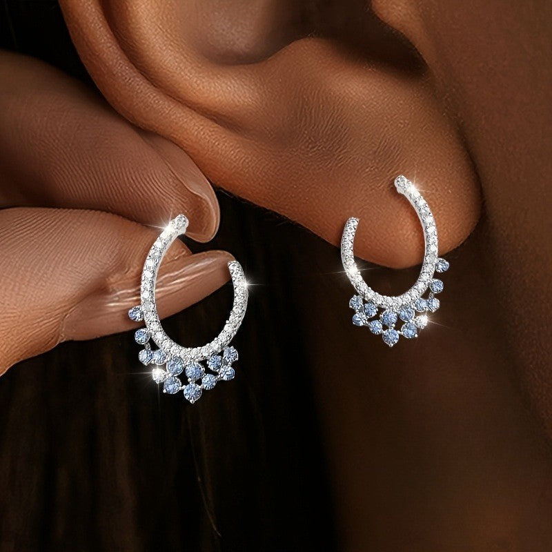 Blue Zircon Crescent Hoop Earrings