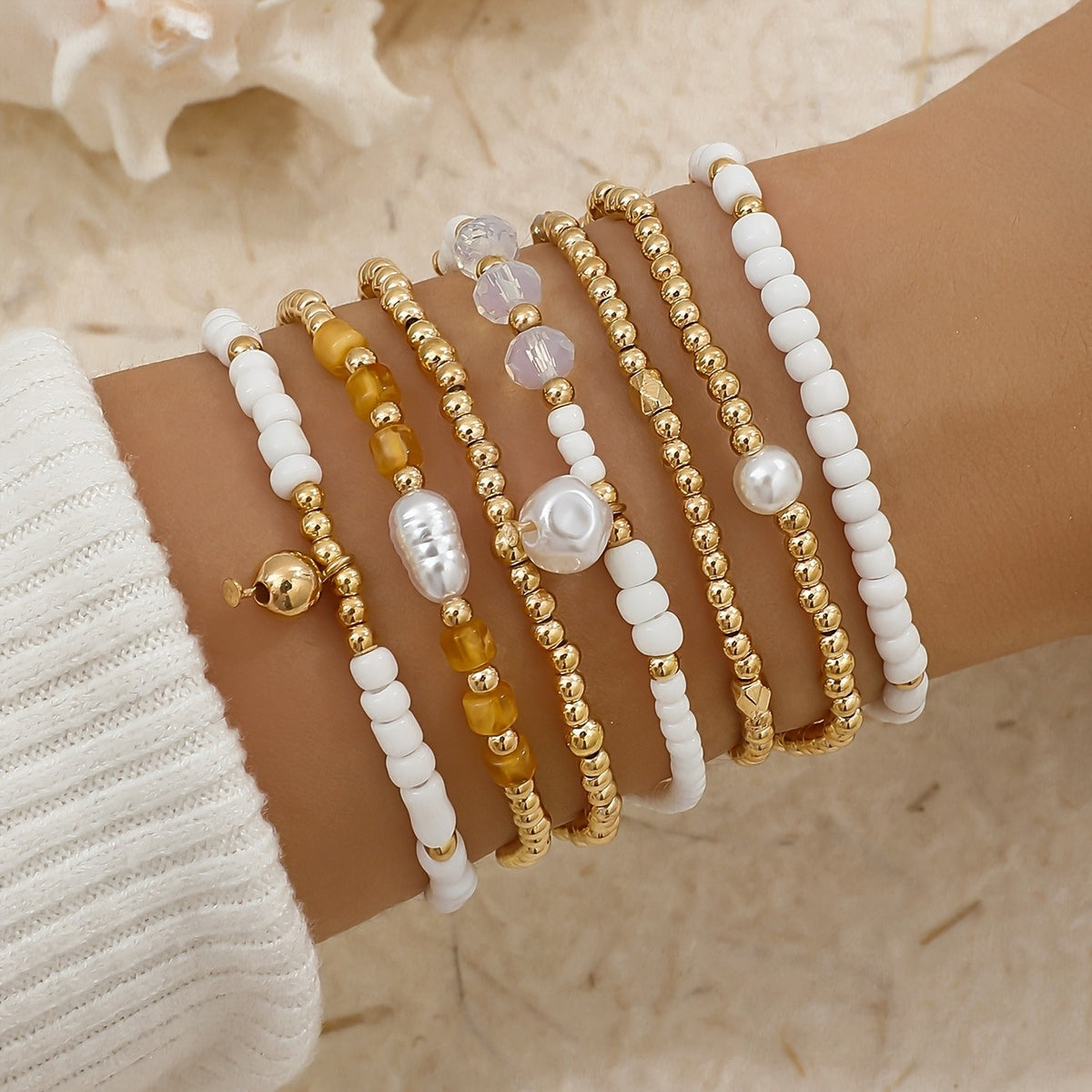 White Pearl & Gold Bead Bracelet Set