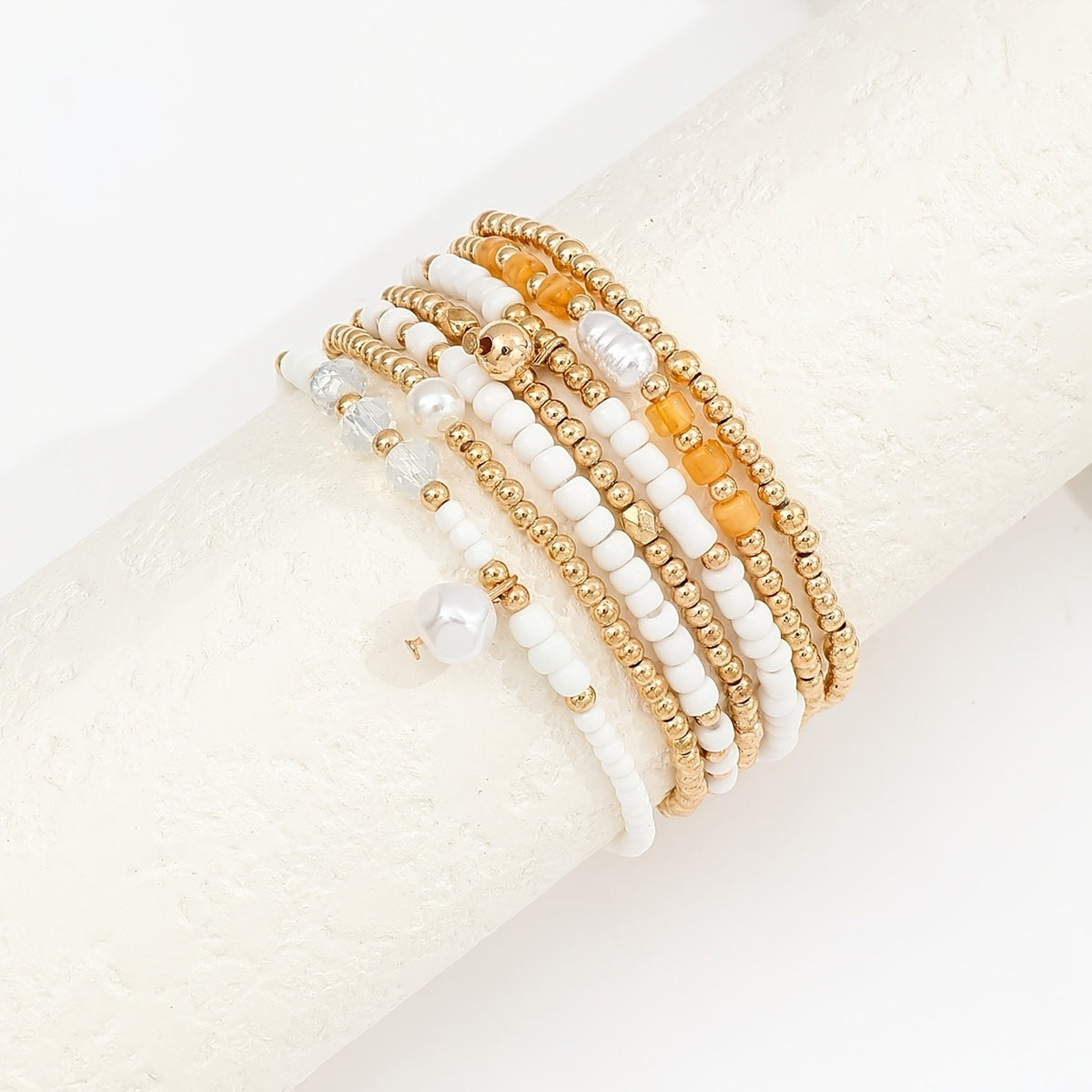 White Pearl & Gold Bead Bracelet Set