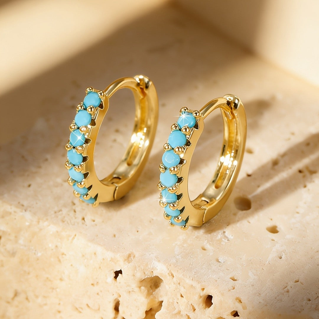 Black Blue Stone Huggie Hoop Earrings