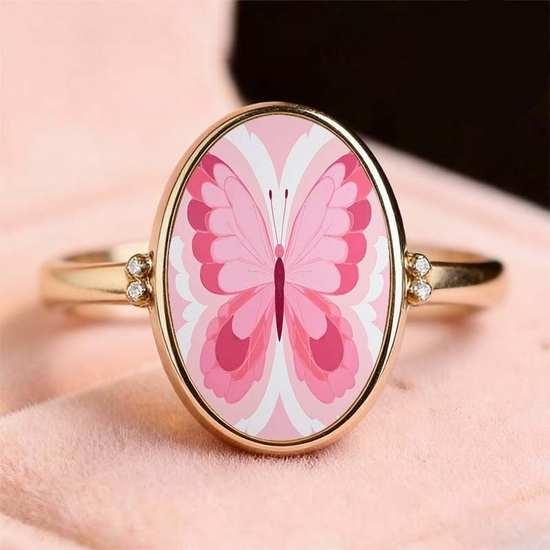 Pink Butterfly Oval Ring