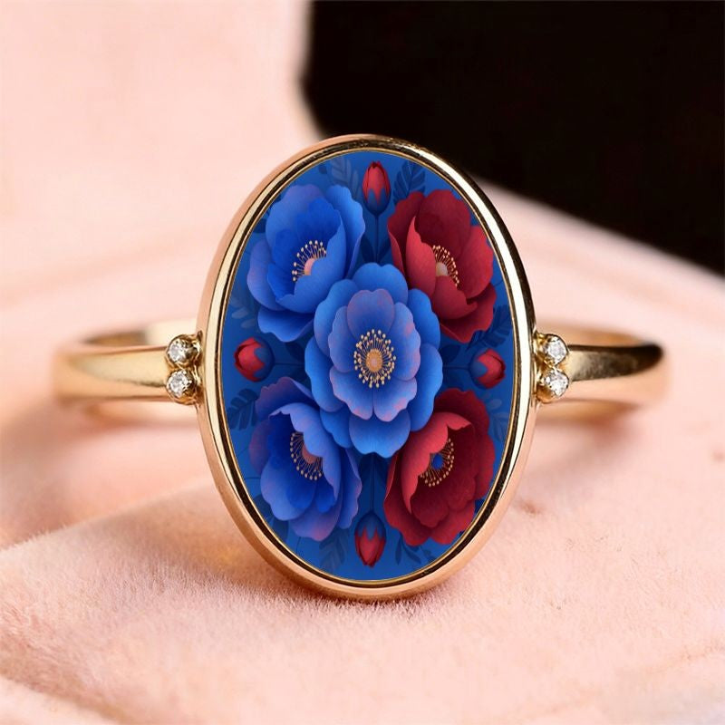 Blue & Red Floral Oval Ring