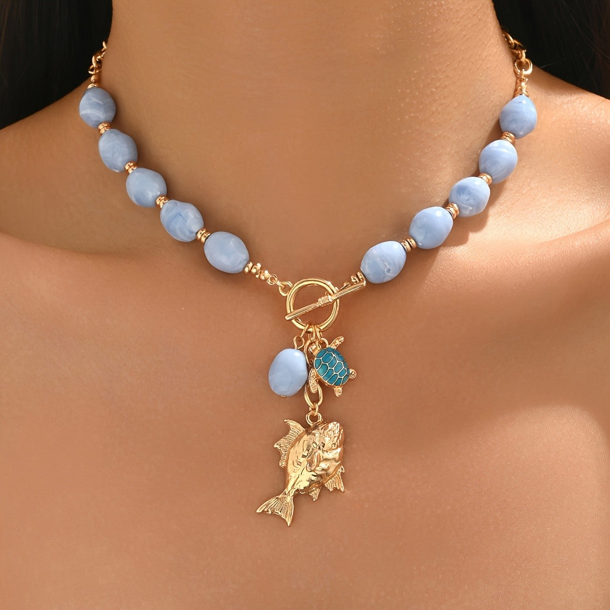 Blue Bead Fish & Turtle Necklace