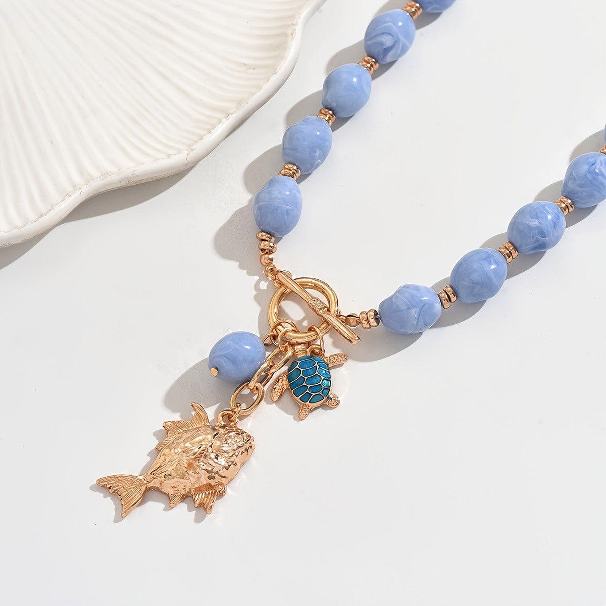 Blue Bead Fish & Turtle Necklace