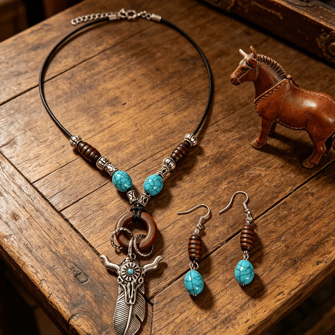 Turquoise Bull Skull Jewelry Set