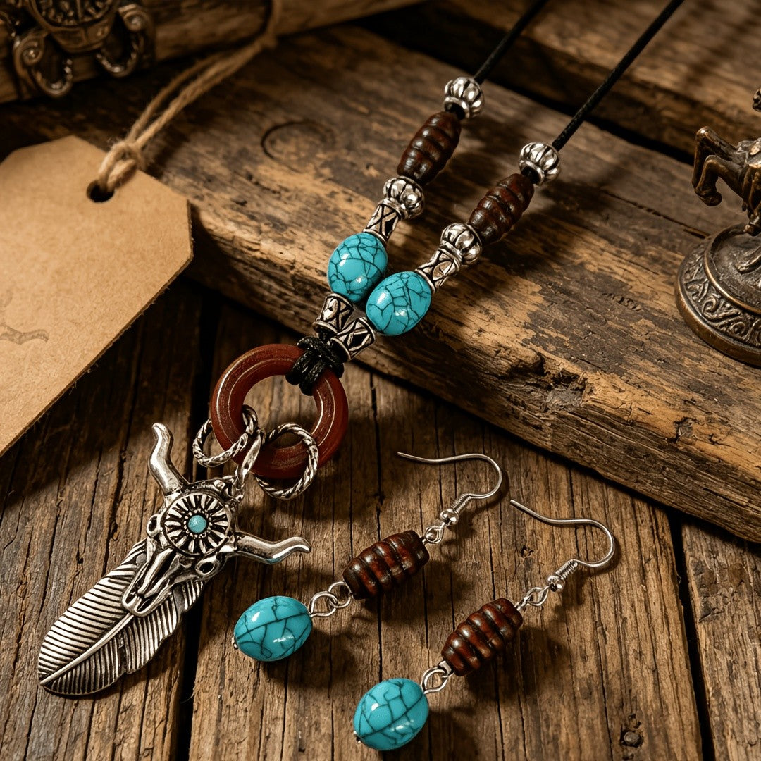 Turquoise Bull Skull Jewelry Set