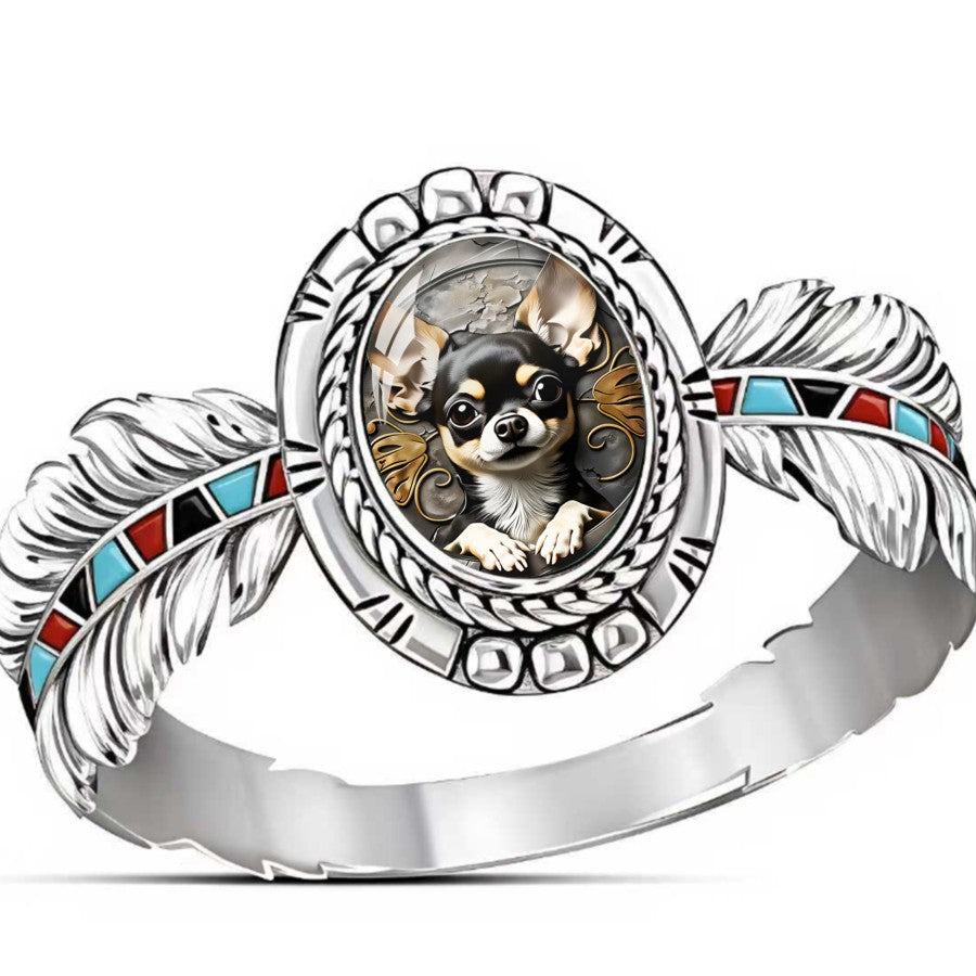 Chihuahua Oval Feather Ring