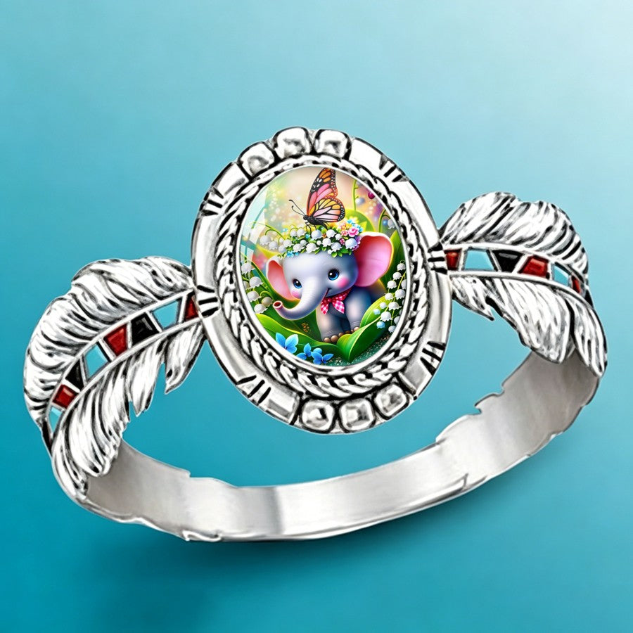 Baby Elephant & Feather Oval Ring
