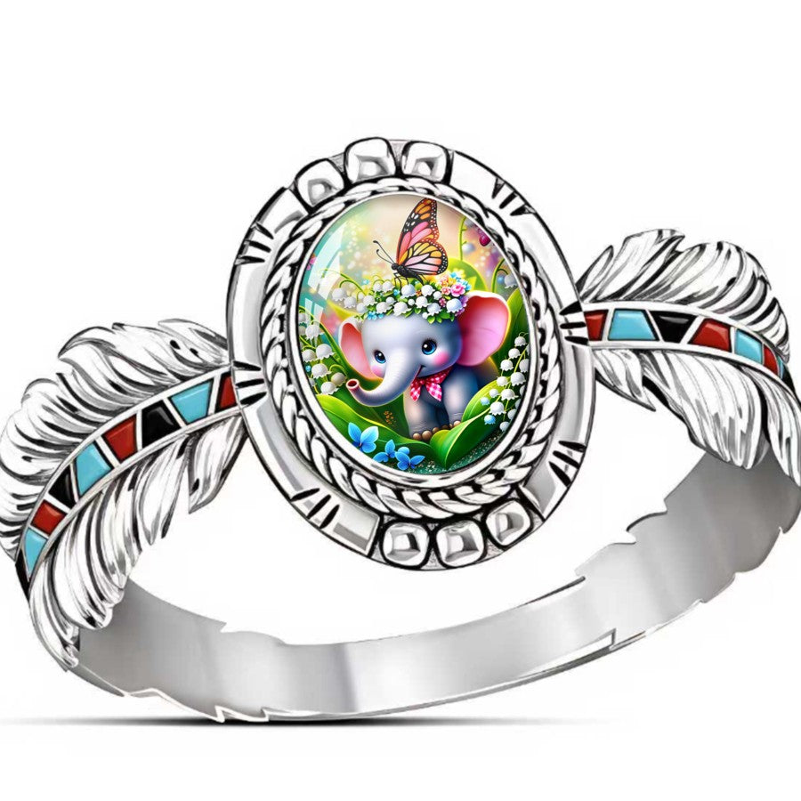 Baby Elephant & Feather Oval Ring