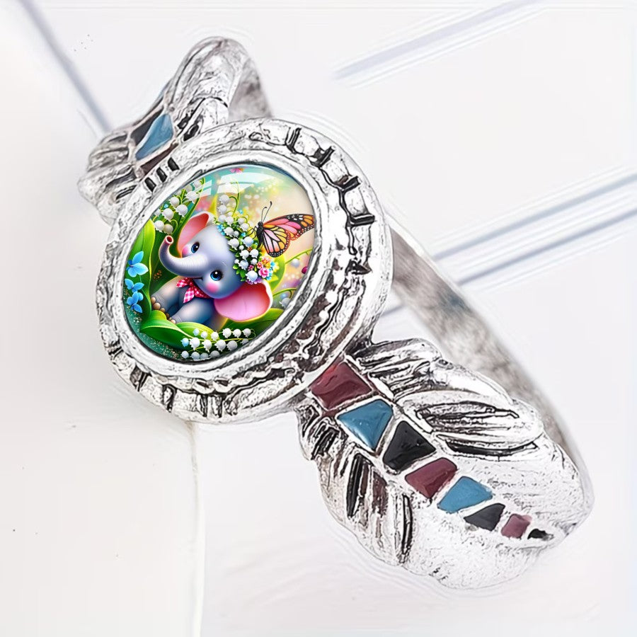 Baby Elephant & Feather Oval Ring