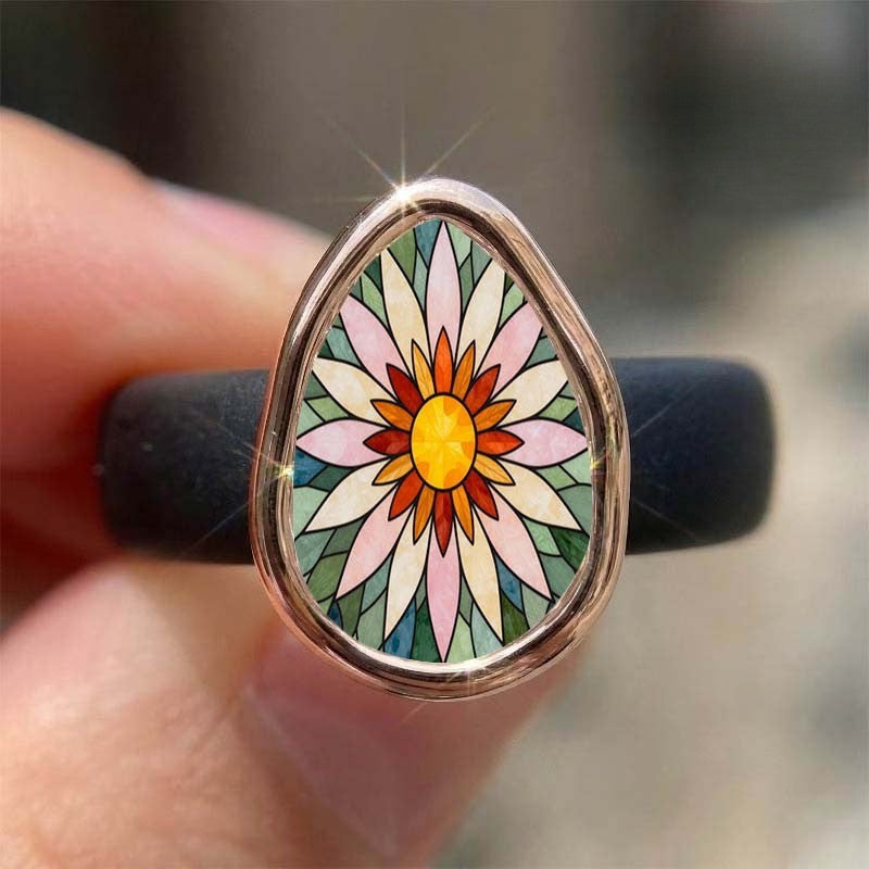 Stained Glass Daisy Teardrop Ring