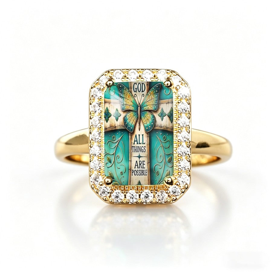 Teal Butterfly Scripture Rectangular Ring
