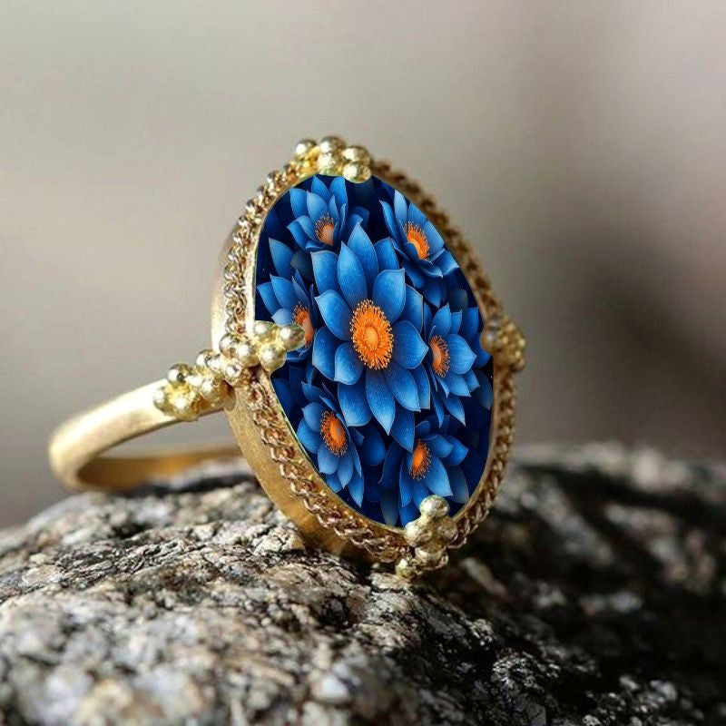 Blue Water Lily Oval Ring