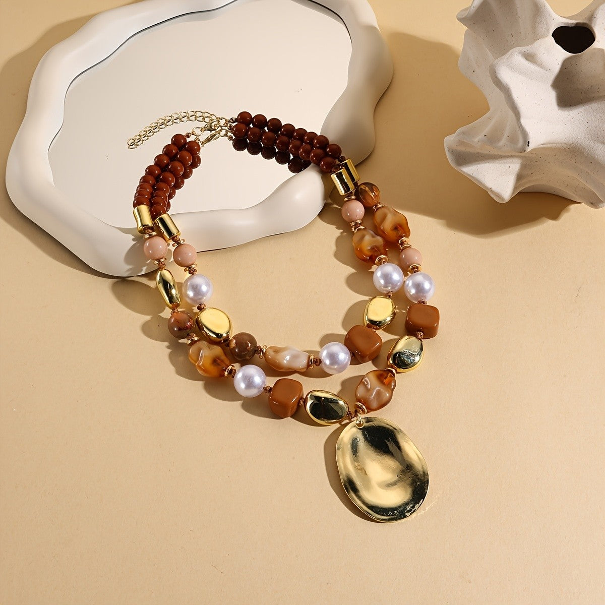 Amber Pearl Oval Pendant Necklace