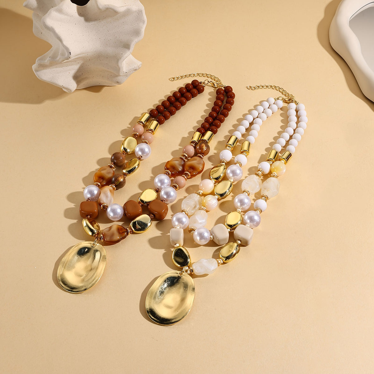 Amber Pearl Oval Pendant Necklace