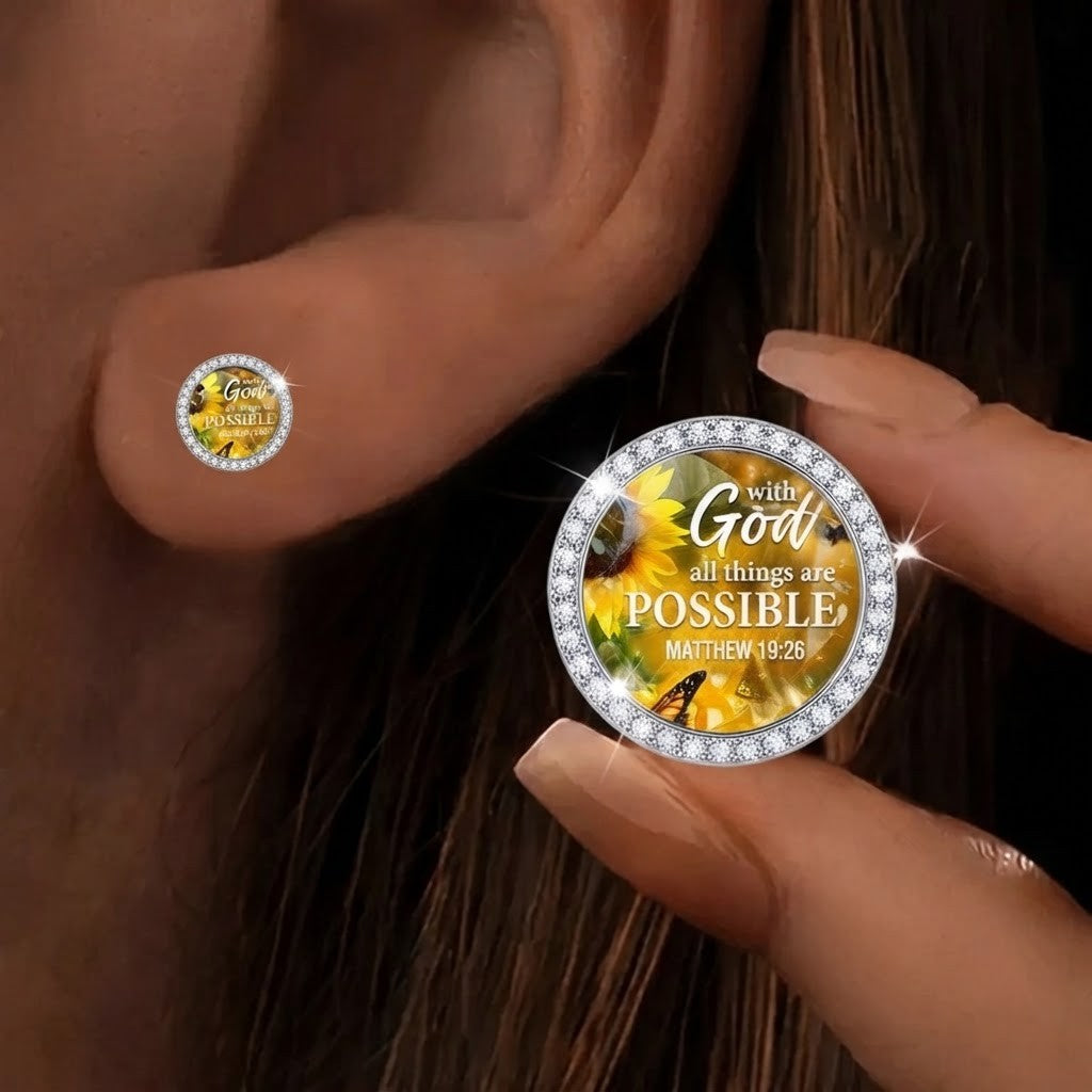 Sunflower Scripture Glass Stud Earrings