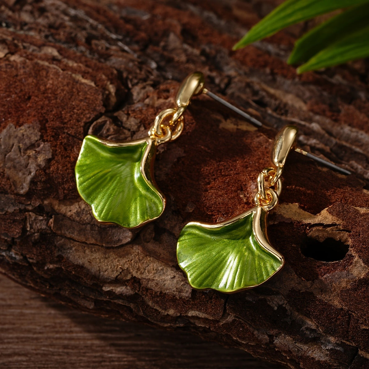 Enamel Ginkgo Leaf Drop Earrings