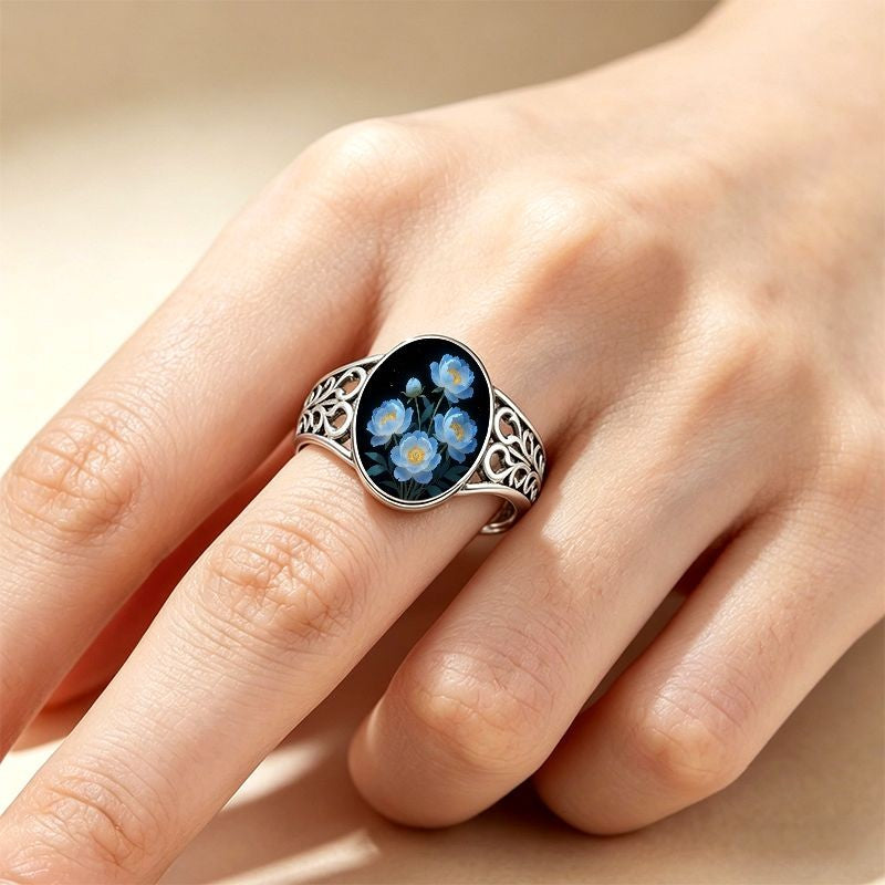 Blue Peony Oval Ring