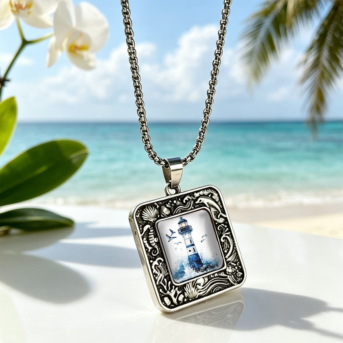 Nautical Lighthouse Square Pendant Necklace