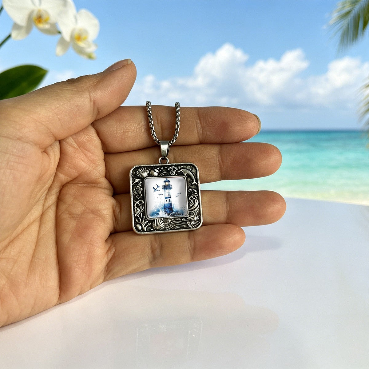 Nautical Lighthouse Square Pendant Necklace