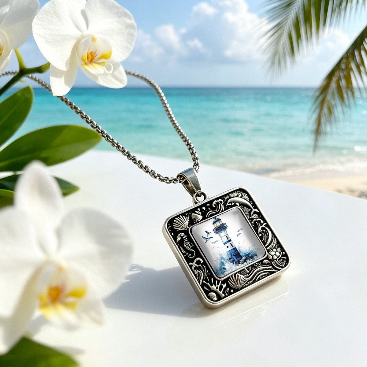 Nautical Lighthouse Square Pendant Necklace