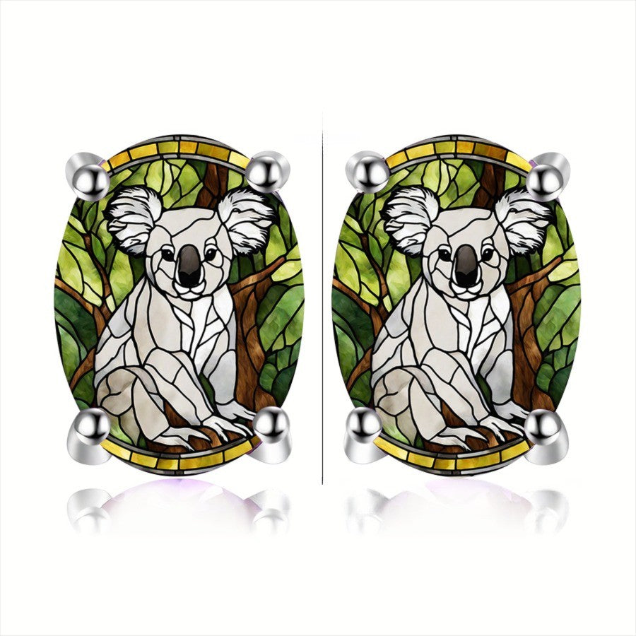 Stained Glass Koala Oval Earrings