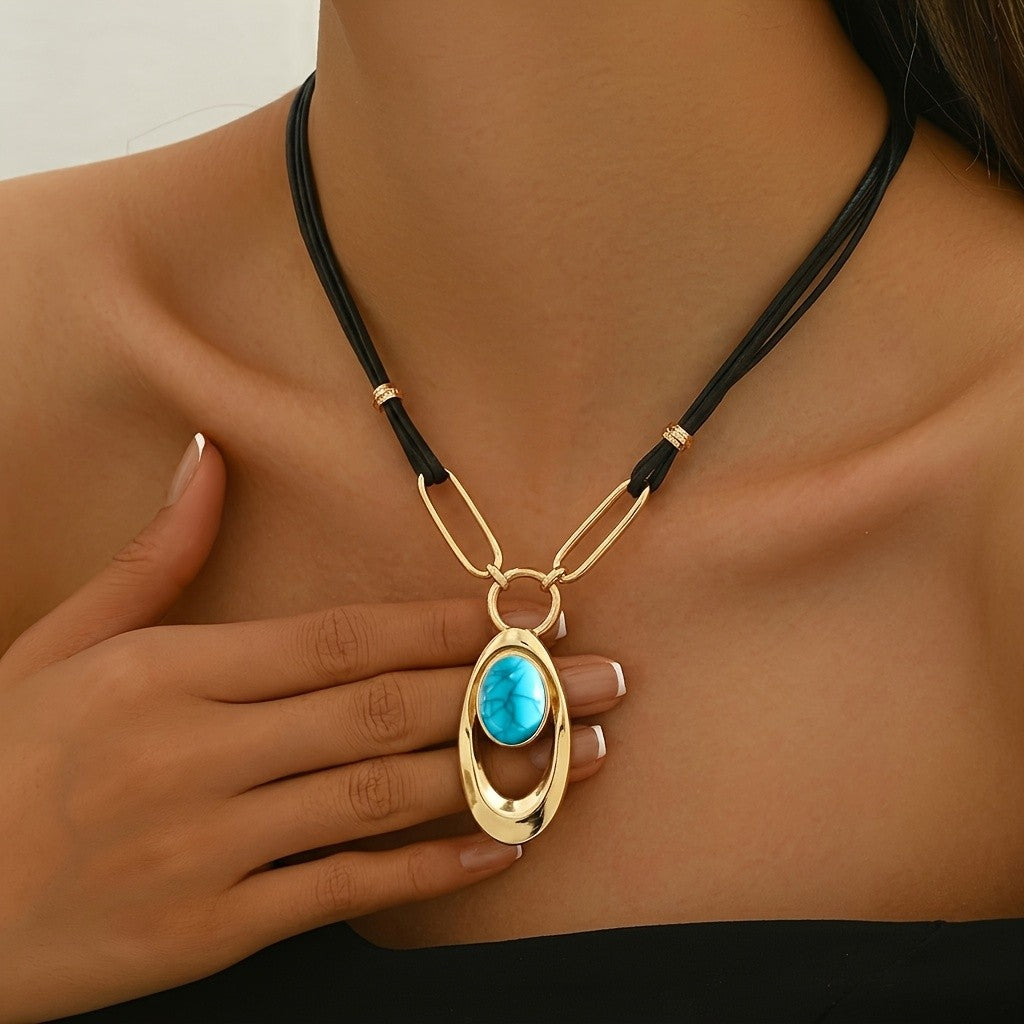 Oval Stone Geometric Cord Necklace