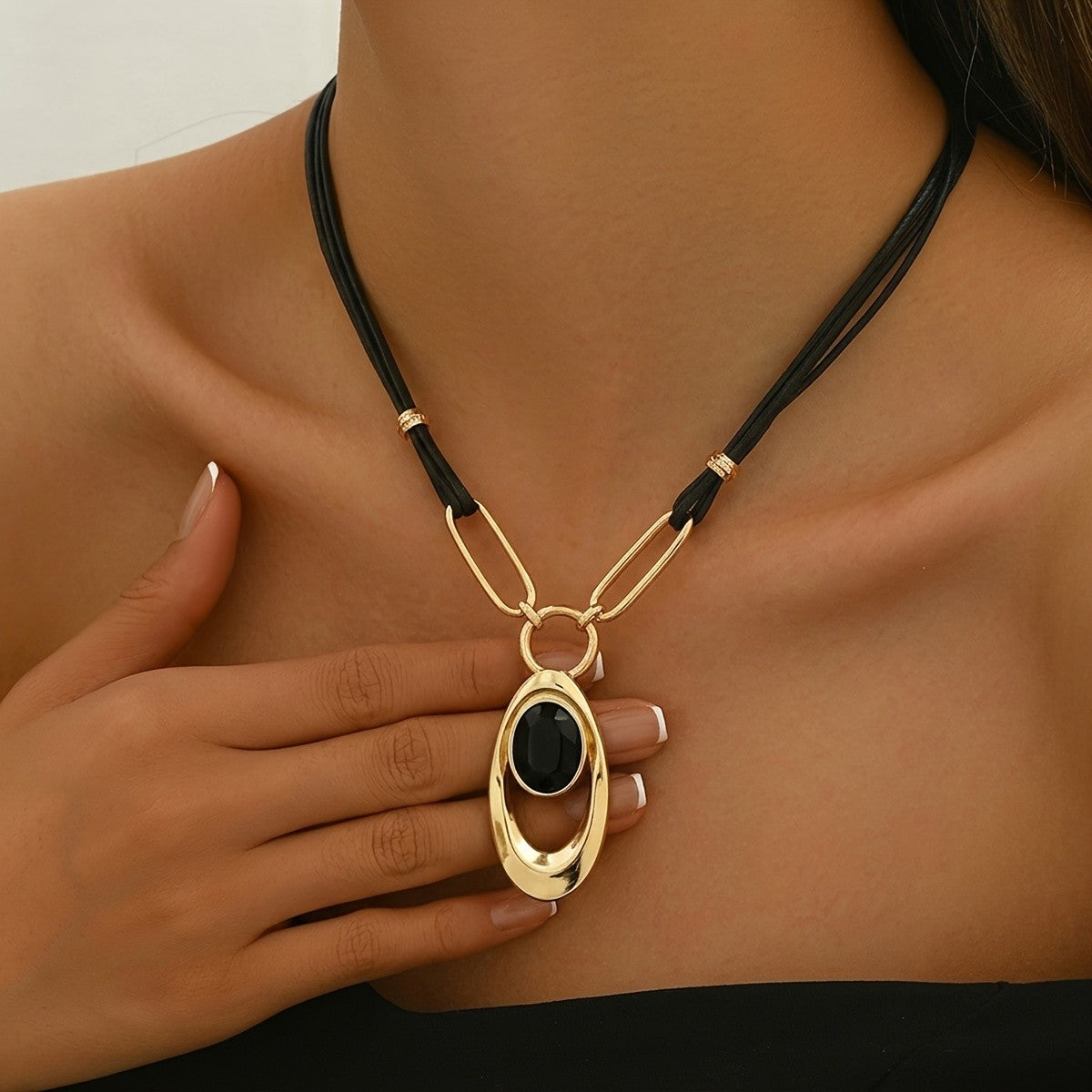 Oval Stone Geometric Cord Necklace
