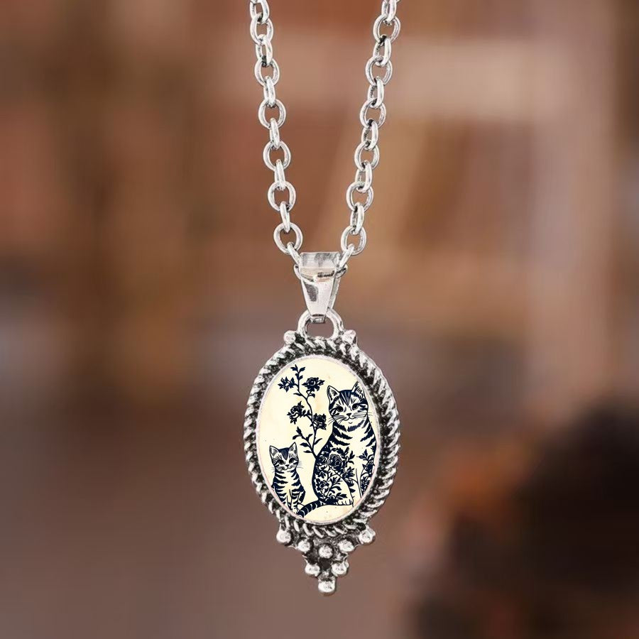 Striped Cat Floral Oval Necklace