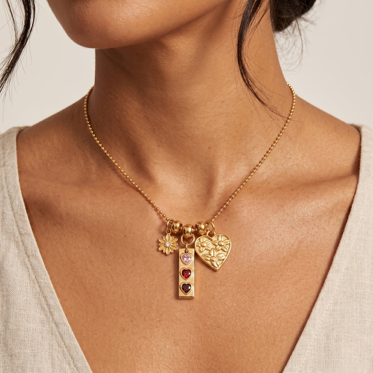 Floral Heart & Gem Bar Necklace