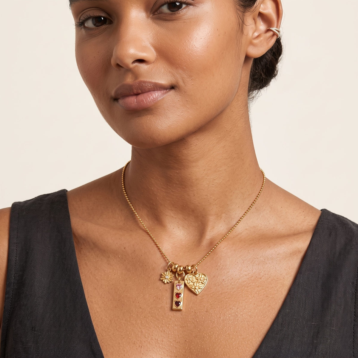 Floral Heart & Gem Bar Necklace