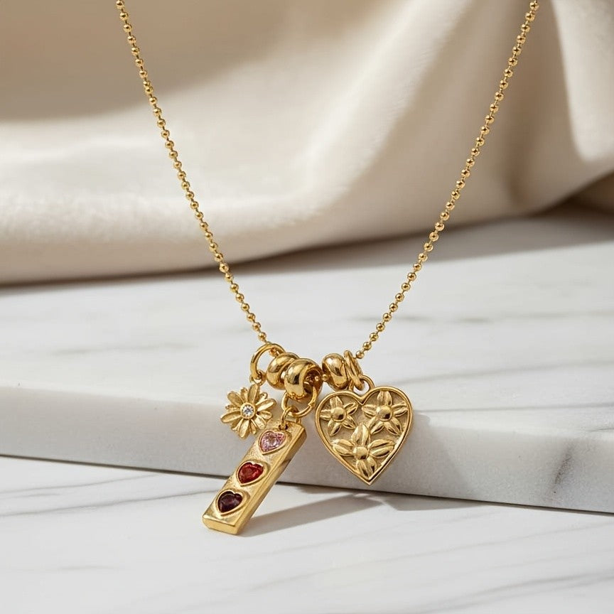 Floral Heart & Gem Bar Necklace